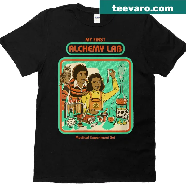 Sarcastic vintage T-shirt featuring an alchemy lab theme with humorous adulting references.