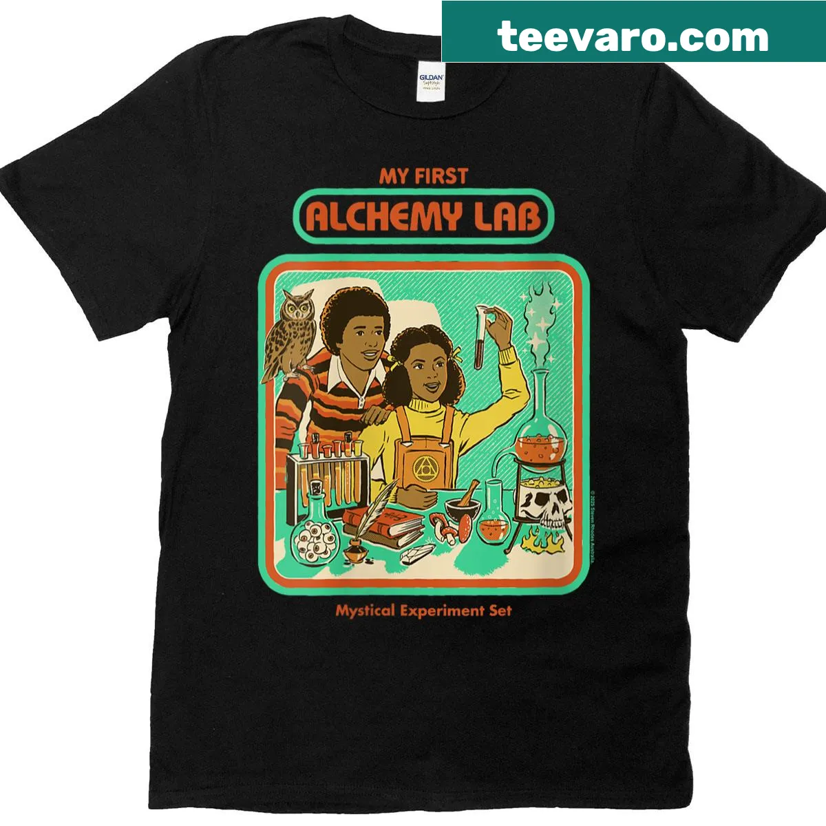 Sarcastic vintage T-shirt featuring an alchemy lab theme with humorous adulting references. — on a men's t-shirt