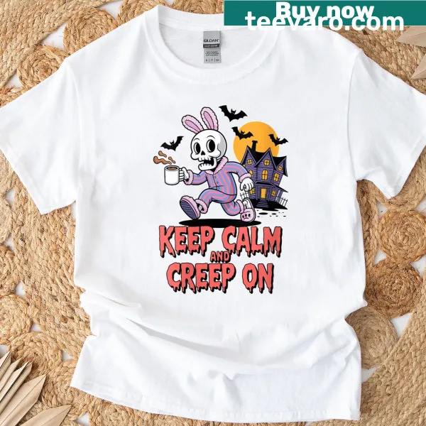 Cartoon skeleton bunny Halloween T-shirt with 'Keep Calm and Creep On' text