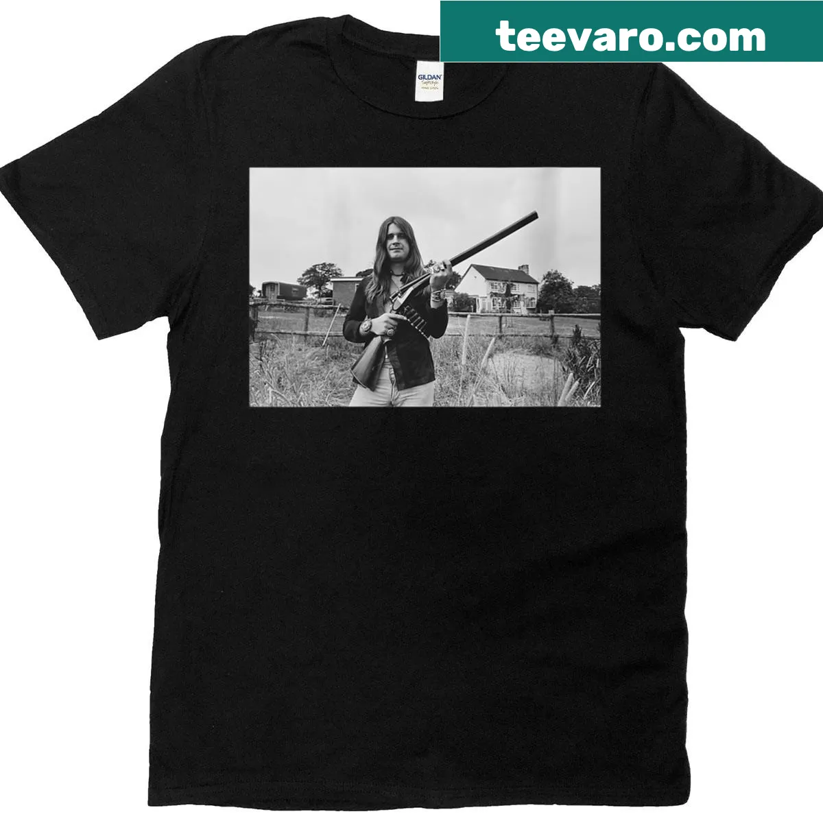 Stylish women's t-shirt featuring Ozzy Osbourne and Black Sabbath design — on a men's t-shirt