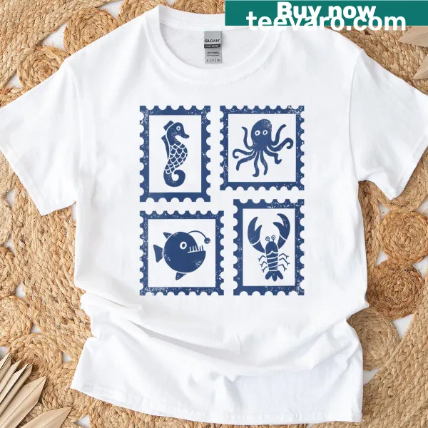 Vintage stamp-style t-shirt with ocean life illustration, featuring seahorses and octopuses