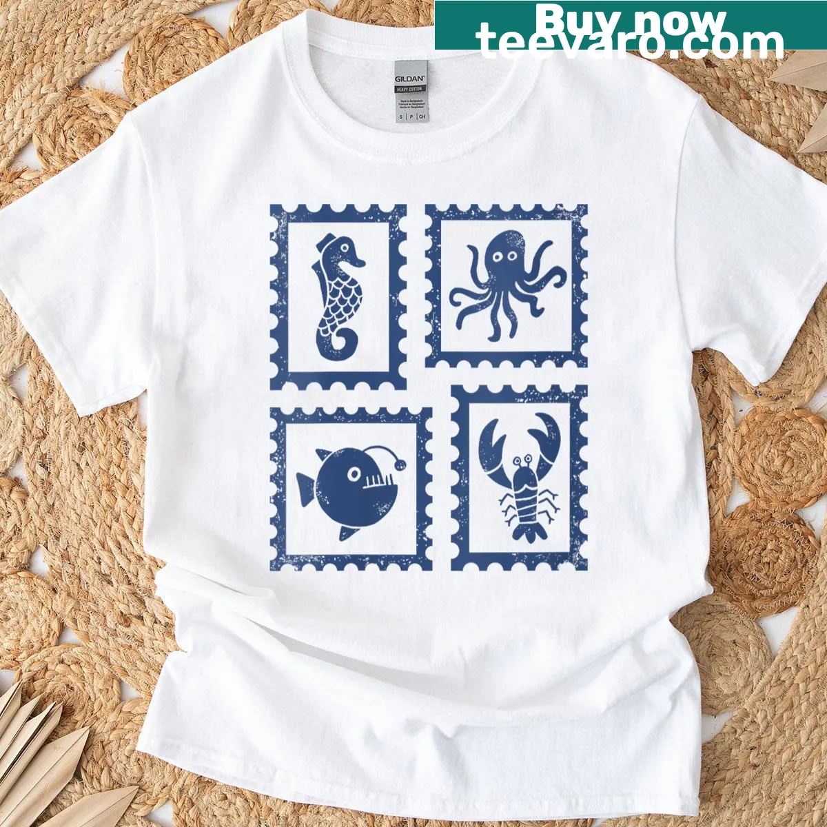 Vintage stamp-style t-shirt with ocean life illustration, featuring seahorses and octopuses — on a men's t-shirt