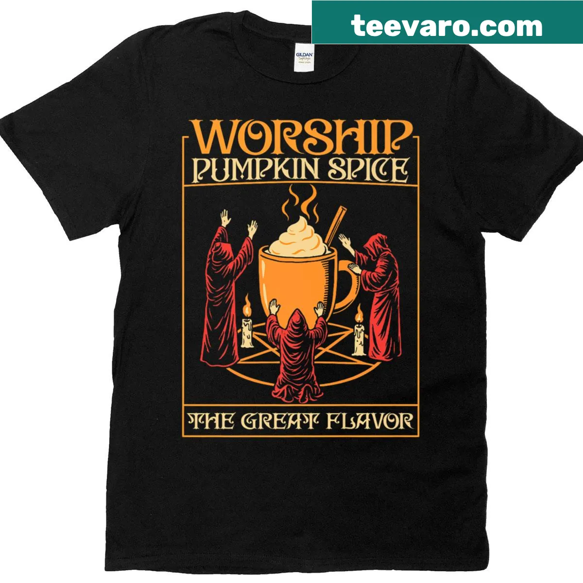 Funny pumpkin spice coffee lover T-shirt for fall — on a men's t-shirt