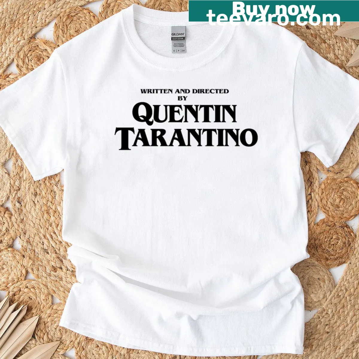 Typographic design T-shirt with the text 'Written And Directed By Quentin Tarantino.' — on a men's t-shirt