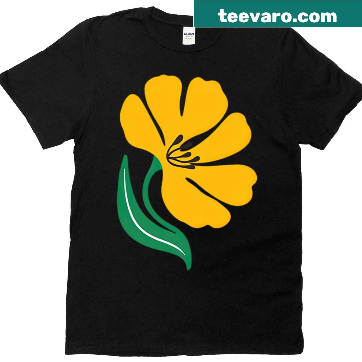 Pop art T-shirt featuring a yellow flower and green leaf — on a men's t-shirt
