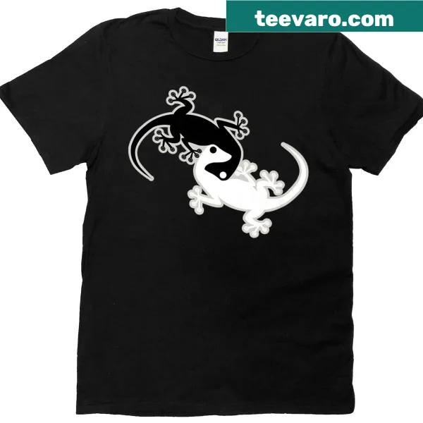 Minimalist T-shirt featuring yin yang geckos in a silhouette design.