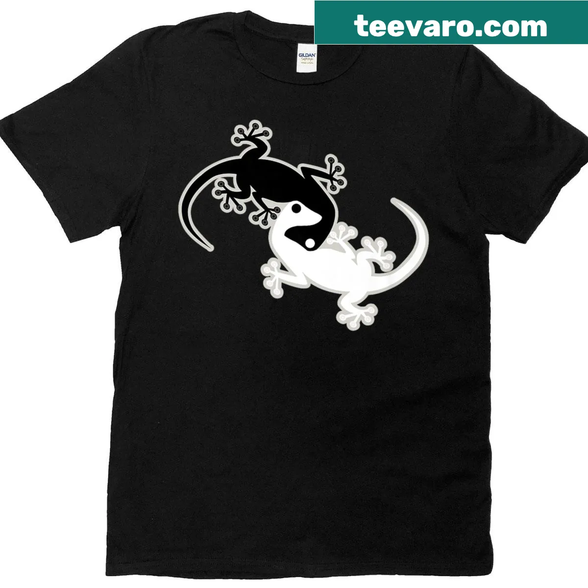 Minimalist T-shirt featuring yin yang geckos in a silhouette design. — on a men's t-shirt