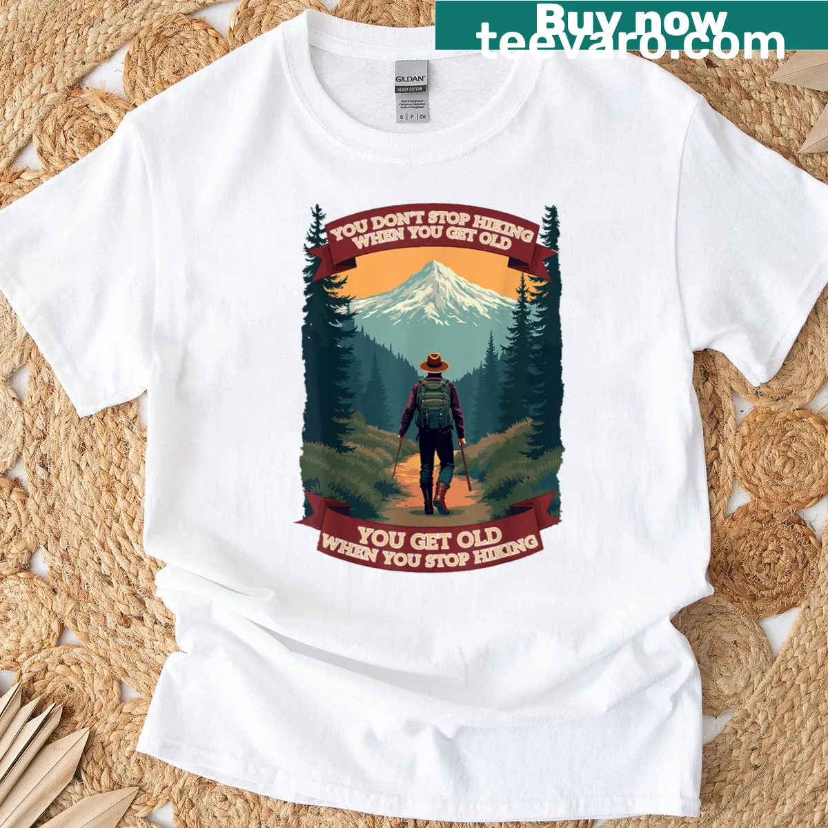 Inspirational hiking graphic T-shirt about aging and adventure — on a men's t-shirt