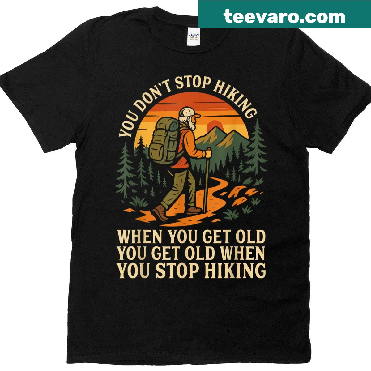 Humorous hiking quote graphic t-shirt — on a men's t-shirt
