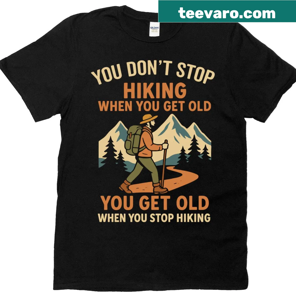Vintage T-shirt with 'You Don’t Stop Hiking When You Get Old' quote — on a men's t-shirt