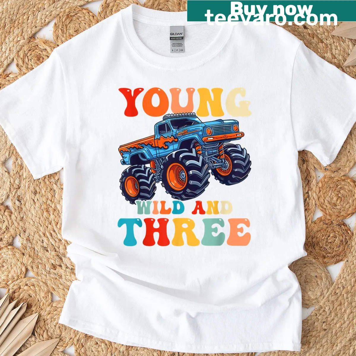 Cartoon monster truck birthday shirt for a three-year-old — on a men's t-shirt