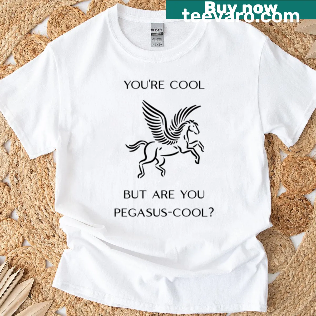 Playful text graphic tee with Pegasus theme — on a men's t-shirt