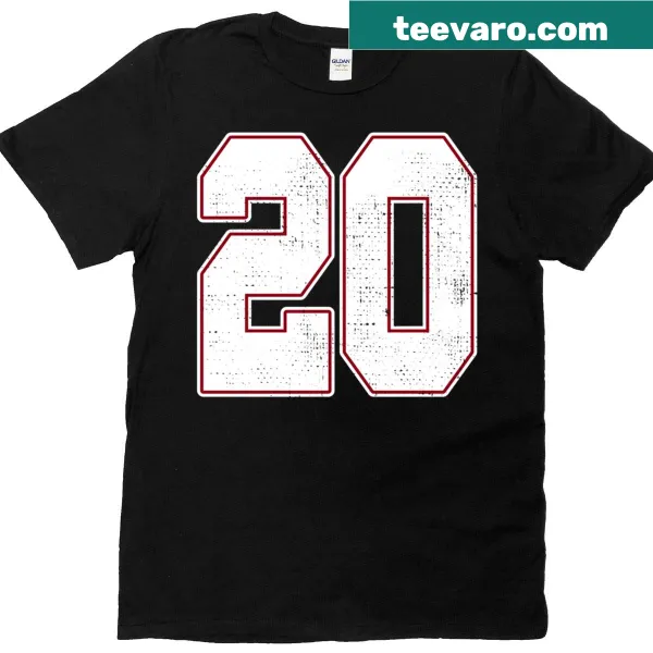 Varsity T-shirt featuring outline graphics of the number 20.