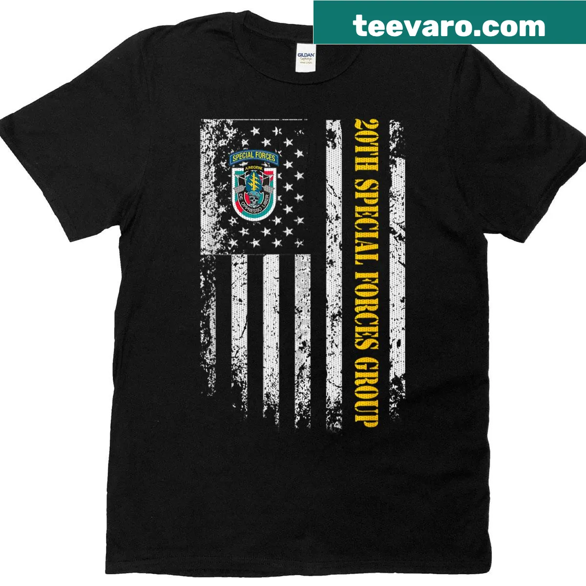 Vintage t-shirt with US flag and 20th Special Forces Group emblem — on a men's t-shirt