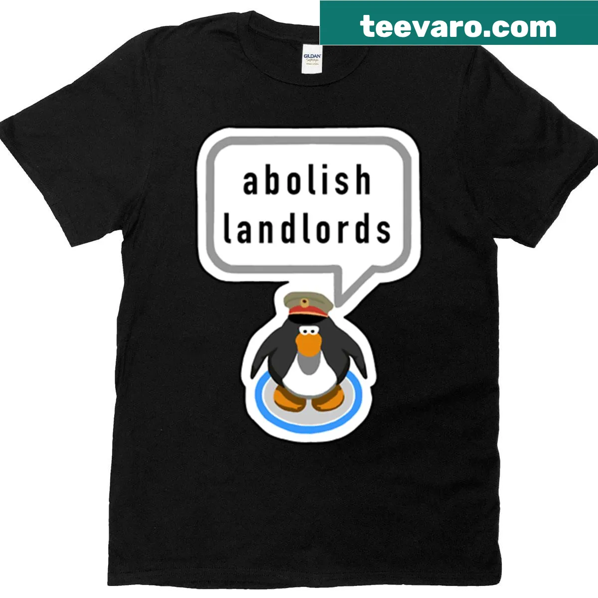T-shirt featuring an illustrated penguin and the slogan 'Abolish Landlords' — on a men's t-shirt