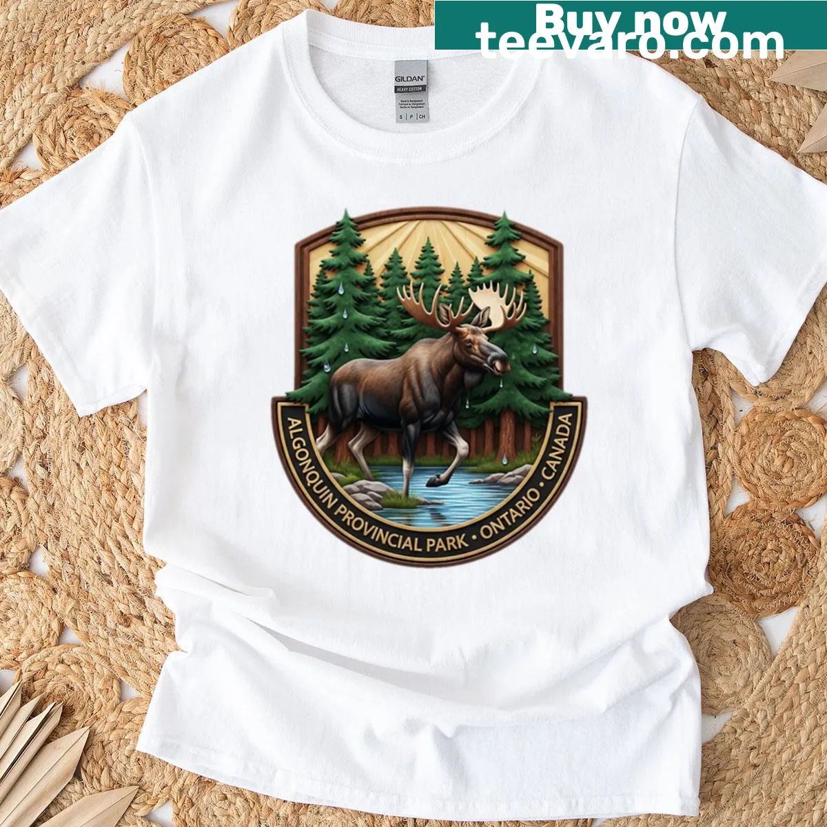 Algonquin Park emblem t-shirt showcasing Ontario landscapes — on a men's t-shirt