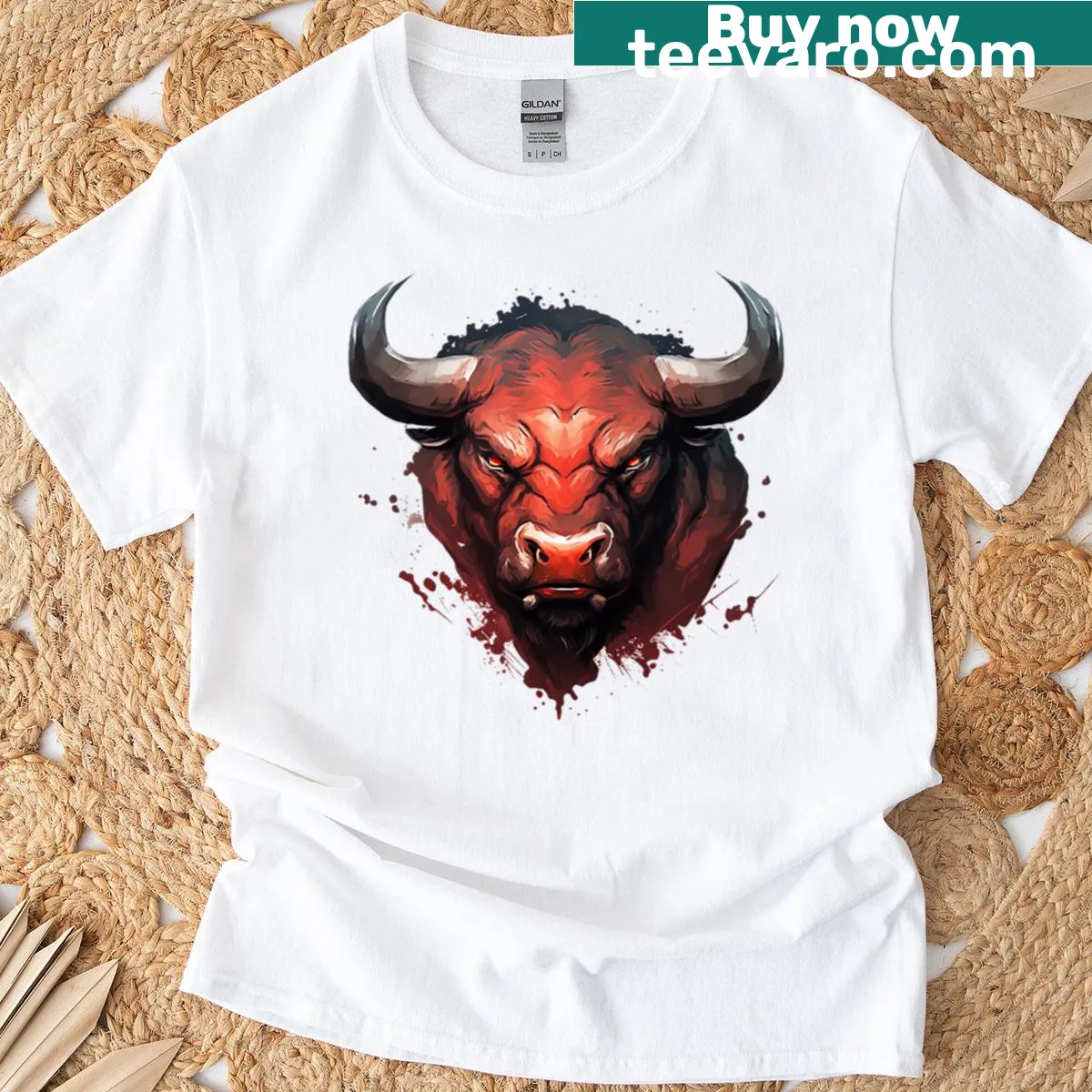 Oversized T-shirt with angry bull cartoon design — on a men's t-shirt