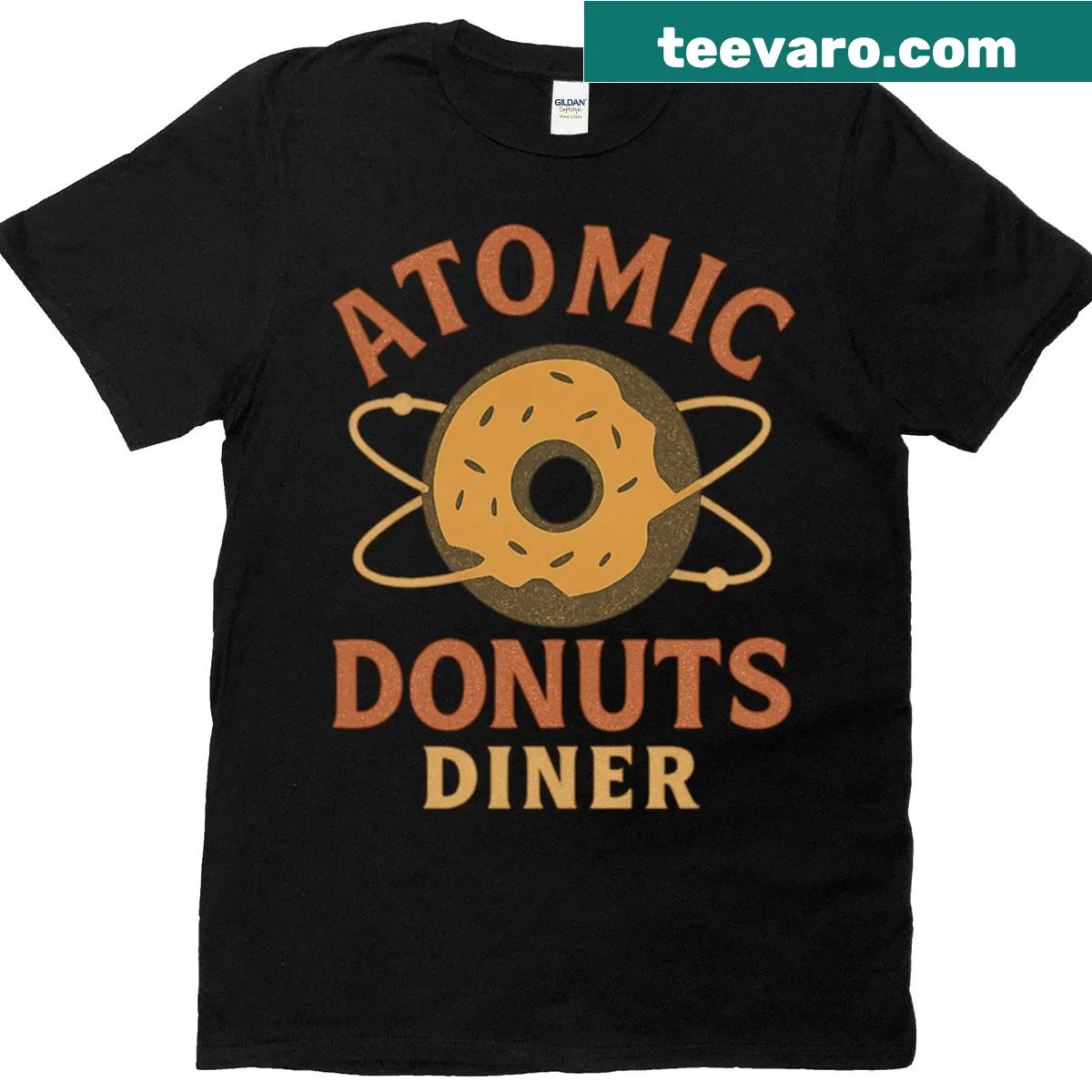 Retro T-shirt featuring 'Atomic Donuts Diner' logo and 50s design. — on a men's t-shirt