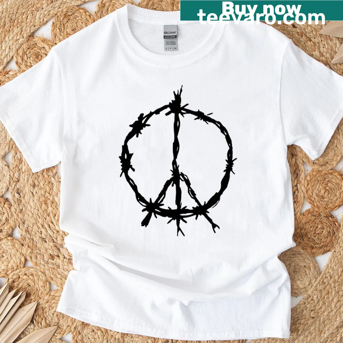 Line art t-shirt featuring a hand symbol and barbed wire for peace — on a men's t-shirt