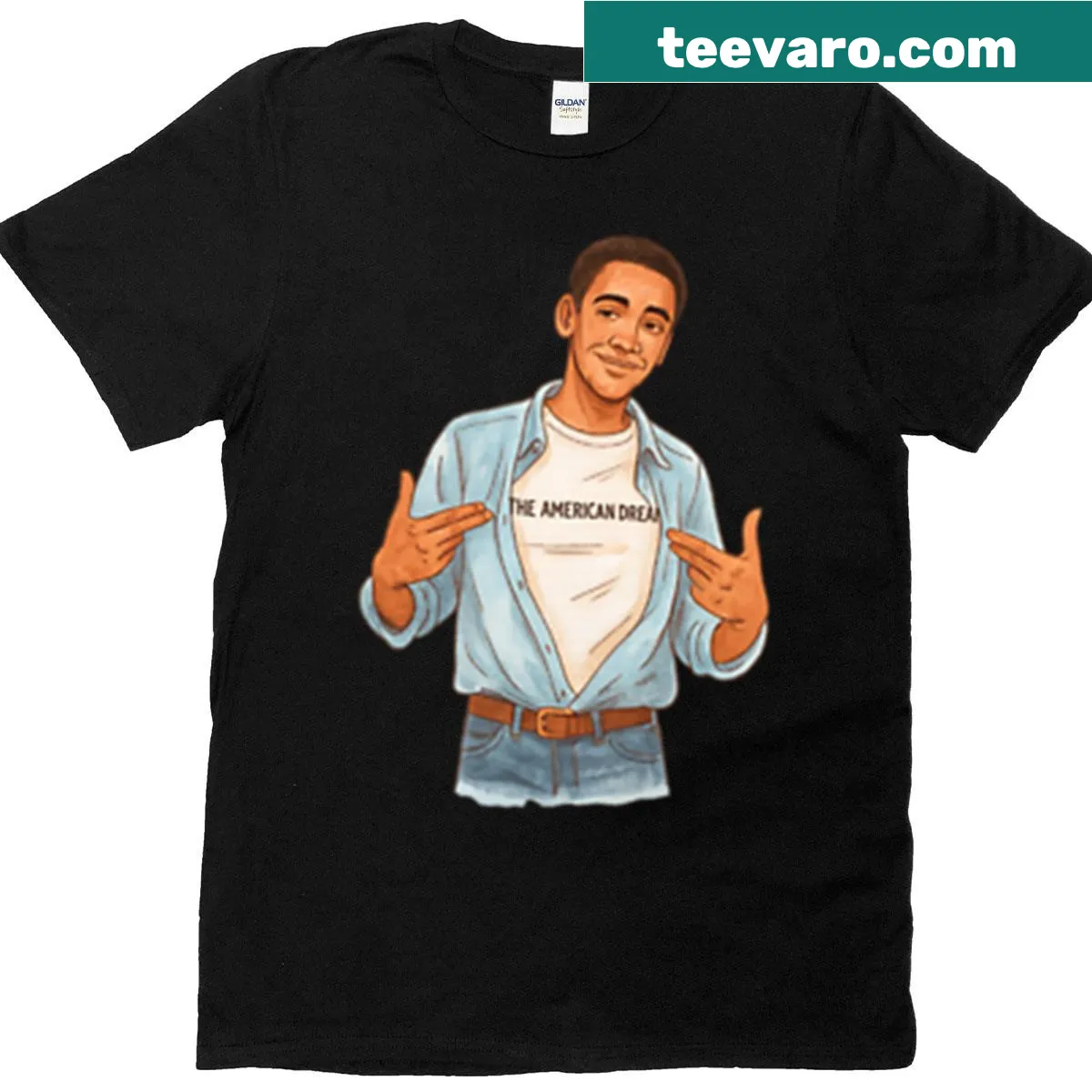 T-shirt with the phrase 'The American Dream In Jeans Good Genes' referring to Obama — on a men's t-shirt