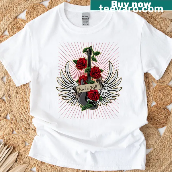 Vintage rock and roll t-shirt with bass guitar wings and roses.