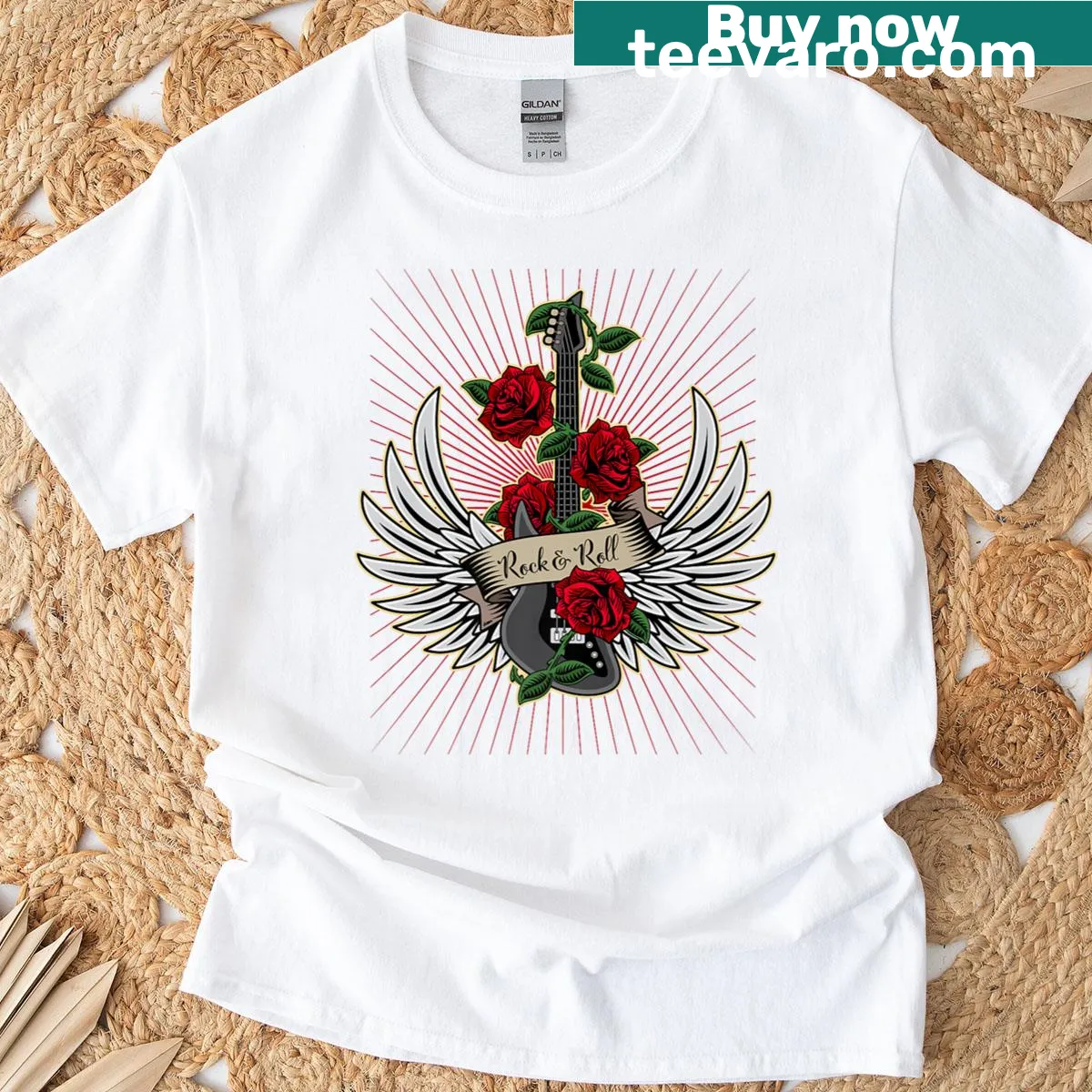 Vintage rock and roll t-shirt with bass guitar wings and roses. — on a men's t-shirt