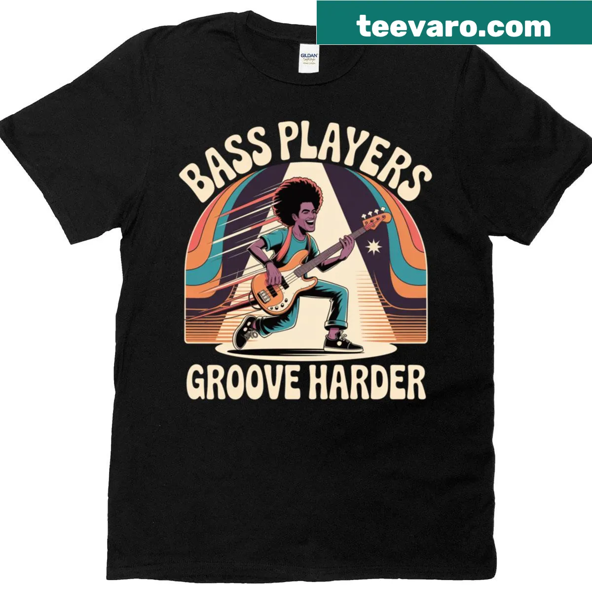 Retro design t-shirt featuring a fun graphic for bass players — on a men's t-shirt