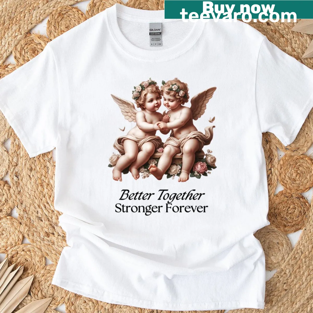 Cherub illustration on a t-shirt with the phrase 'Better Together Stronger Forever' — on a men's t-shirt