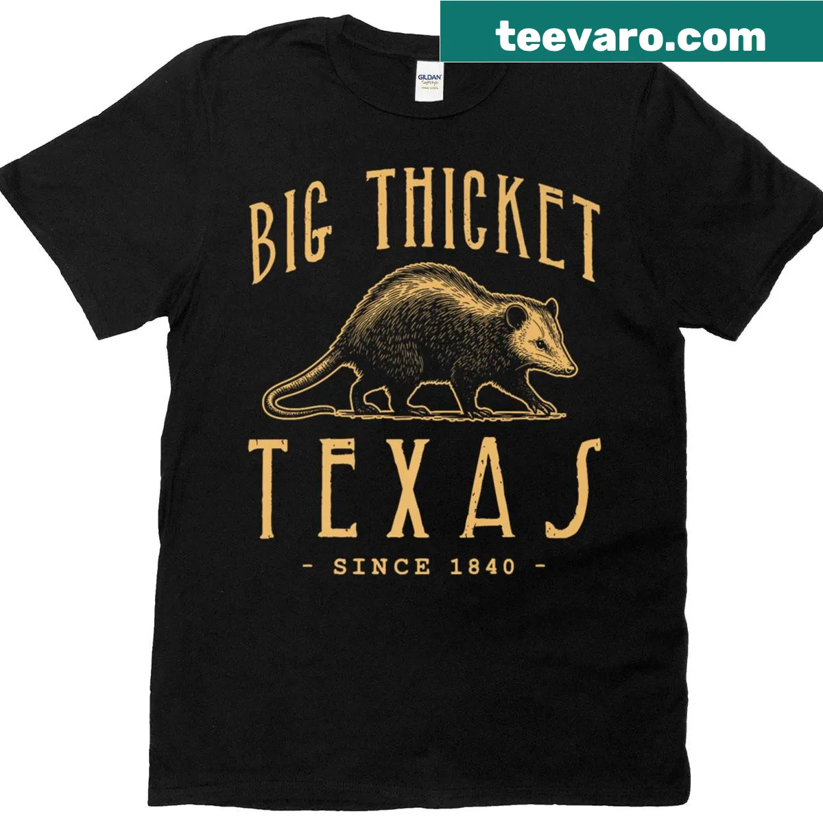 Vintage design T-shirt featuring an opossum graphic inspired by Big Thicket Texas. — on a men's t-shirt