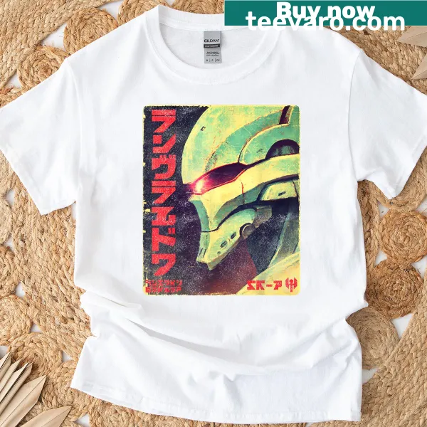Biomechanical mecha helmet design on a vintage-style t-shirt