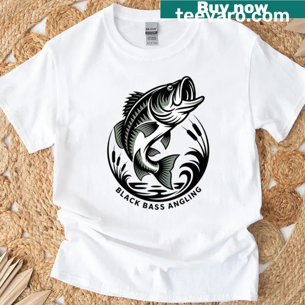 Illustrative T-shirt featuring a black bass for fishing lovers