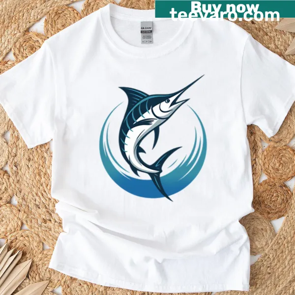 Fishing-themed oversized t-shirt featuring a blue dawn beak illustration