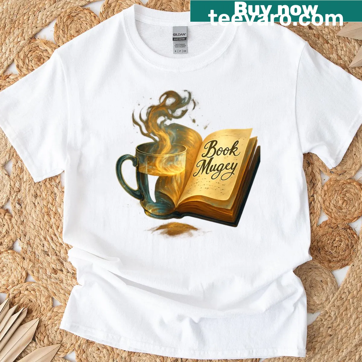 Minimalist badge T-shirt for book lovers with reader mug design — on a men's t-shirt