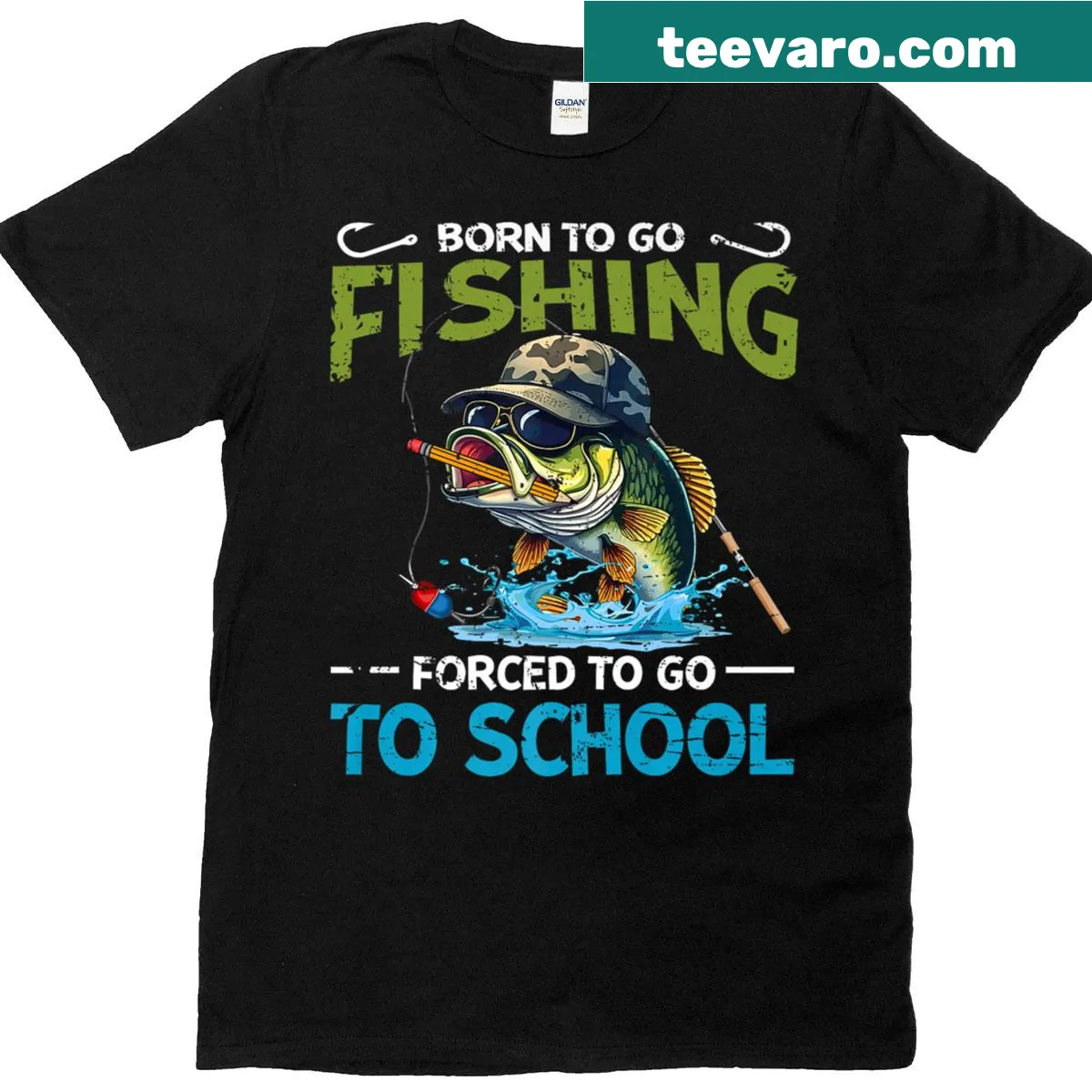 Playful t-shirt with 'Born To Go Fishing Forced To Go To School' text — on a men's t-shirt