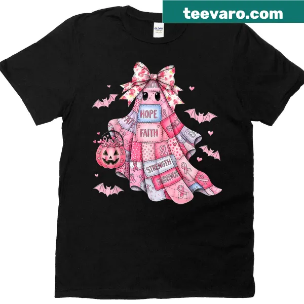 Cute pink ghost above a denim pumpkin graphic for breast cancer awareness