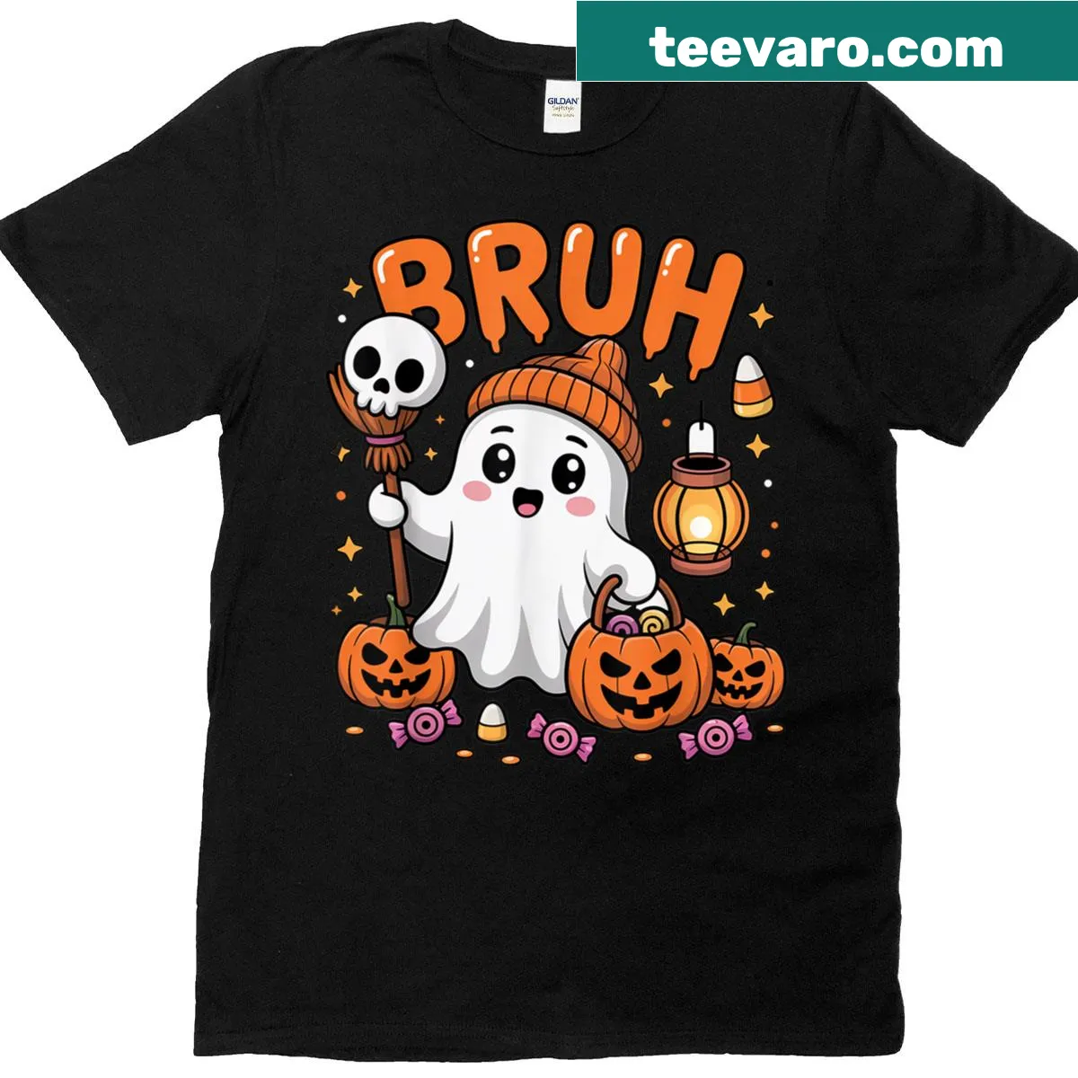 Cute ghost graphic T-shirt for Halloween with 'Bruh' text — on a men's t-shirt