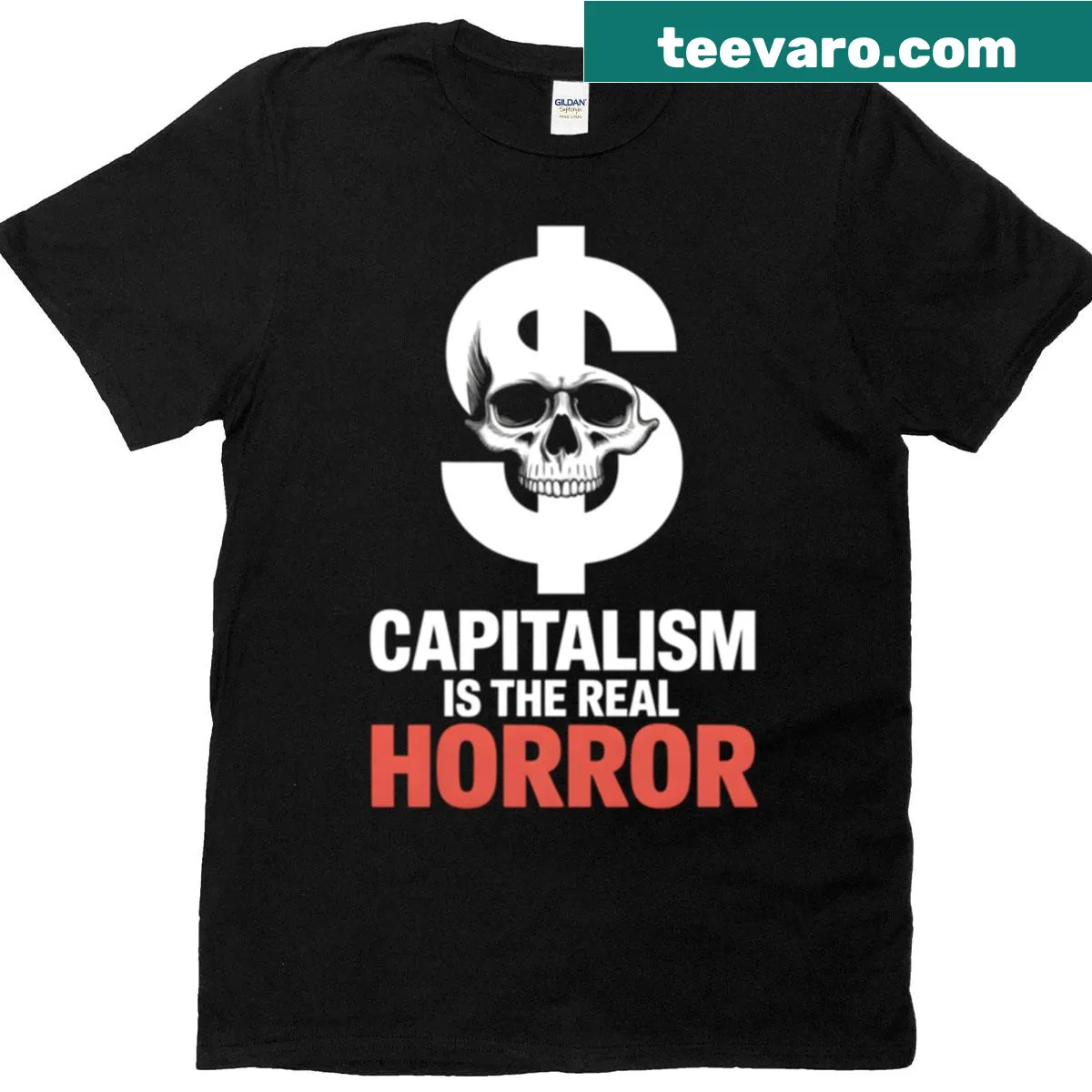Text graphic shirt reading 'Capitalism Is The Real Horror' — on a men's t-shirt