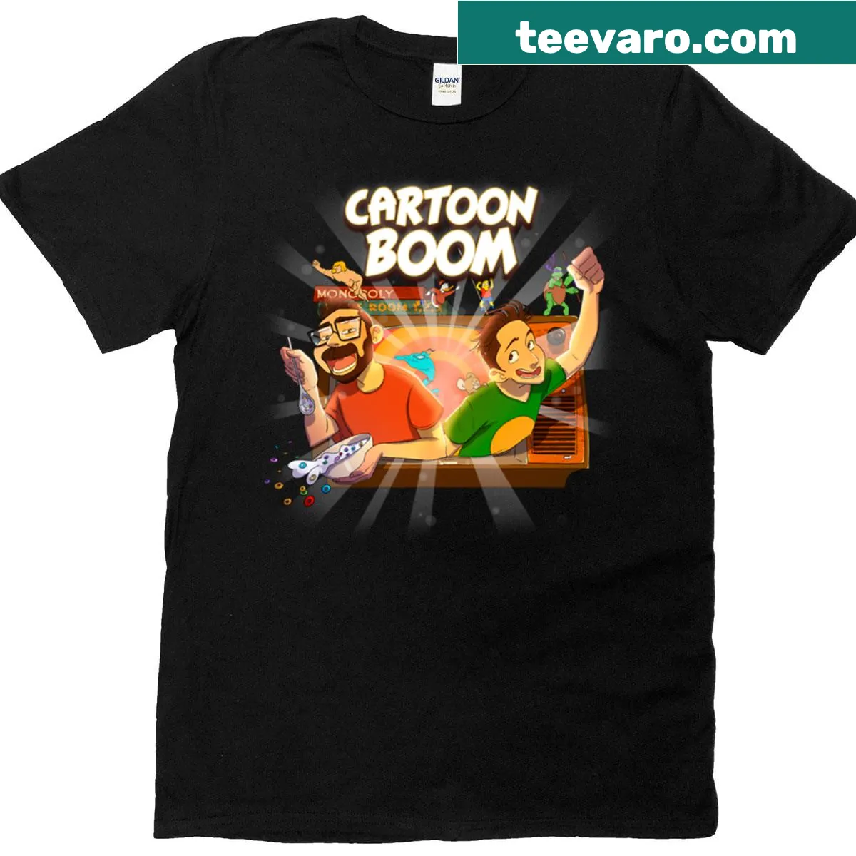 Oversized T-shirt featuring the Cartoon Boom Podcast logo illustration. — on a men's t-shirt