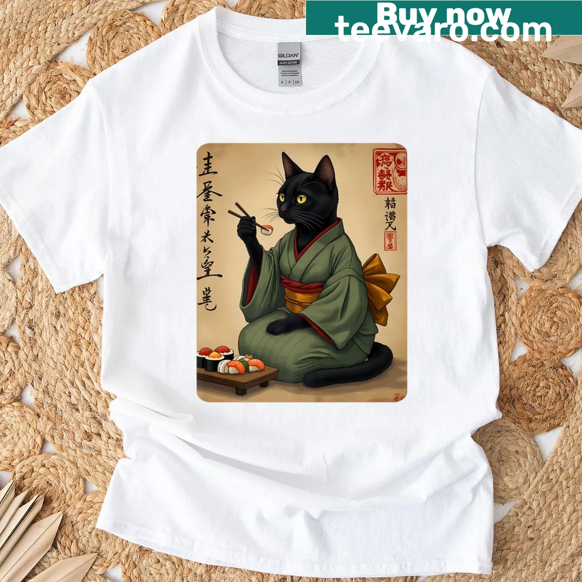 Vintage t-shirt with a cute cat eating sushi graphic — on a men's t-shirt