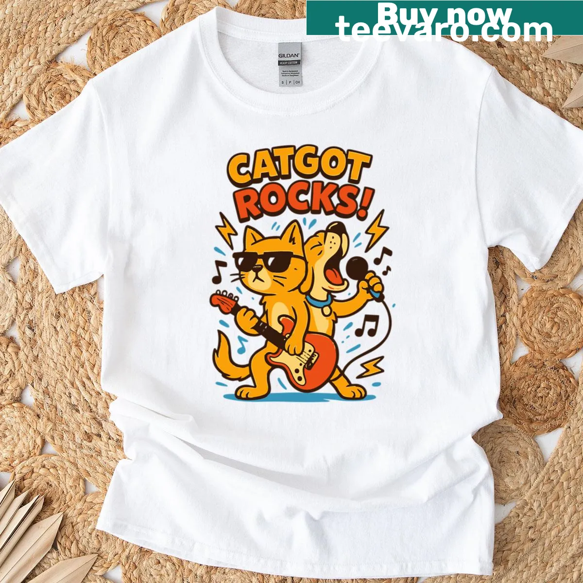 Vintage distressed Catgot Rocks t-shirt featuring a cat playing guitar — on a men's t-shirt