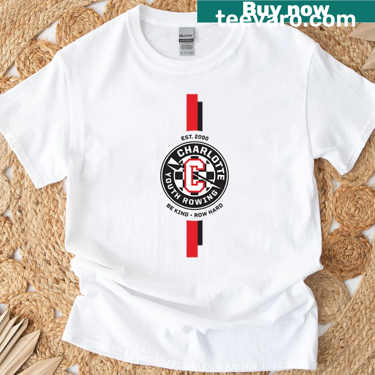 Oversized T-shirt featuring the Charlotte youth rowing logo — on a men's t-shirt