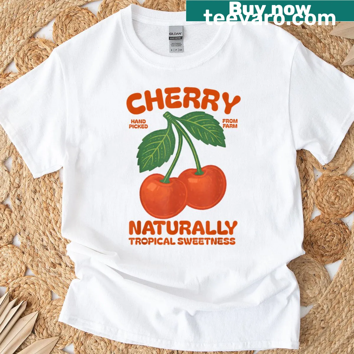 Vintage cherry design t-shirt reflecting retro advertising style — on a men's t-shirt