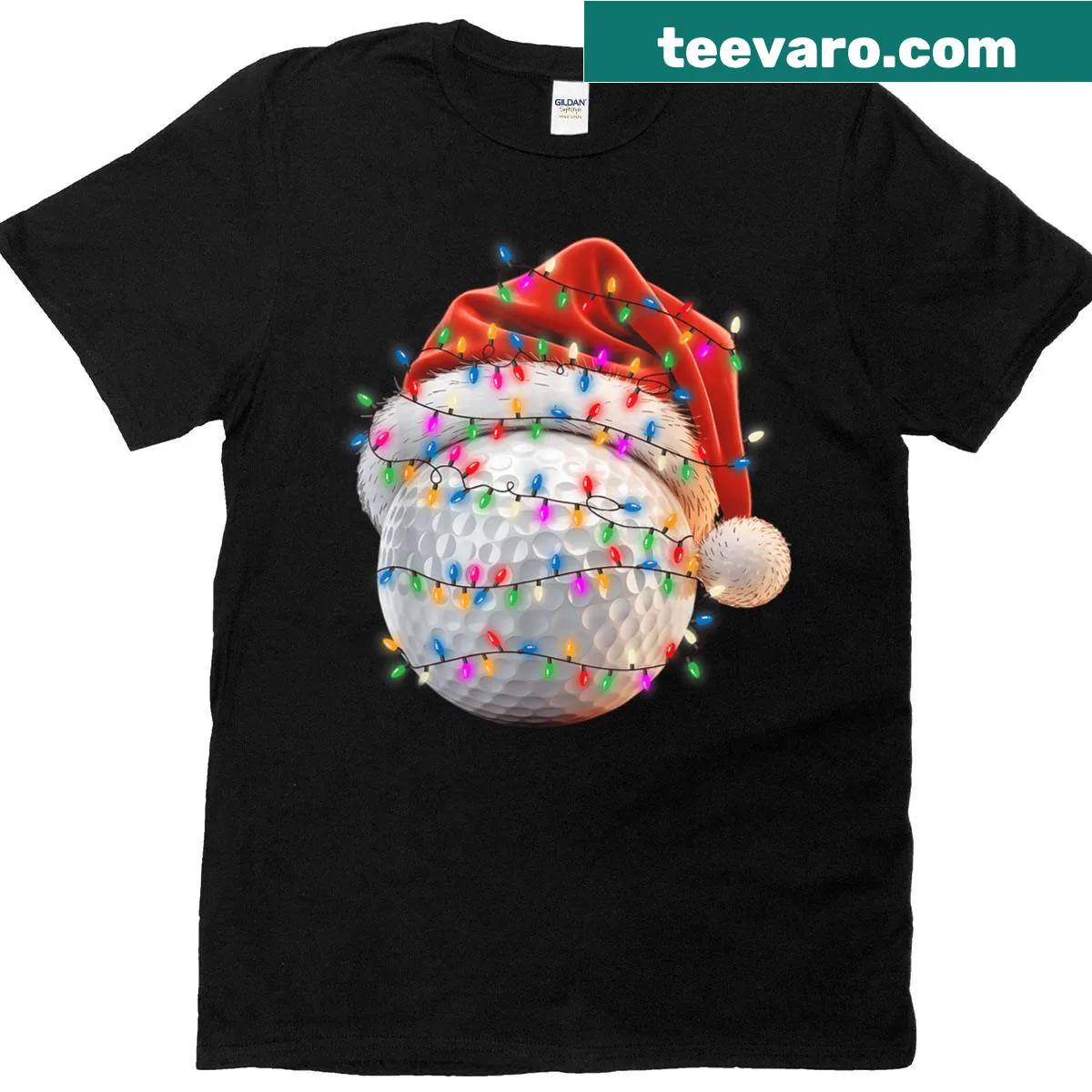 Funny Christmas T-shirt featuring a cartoon golf ball in a Santa hat. — on a men's t-shirt