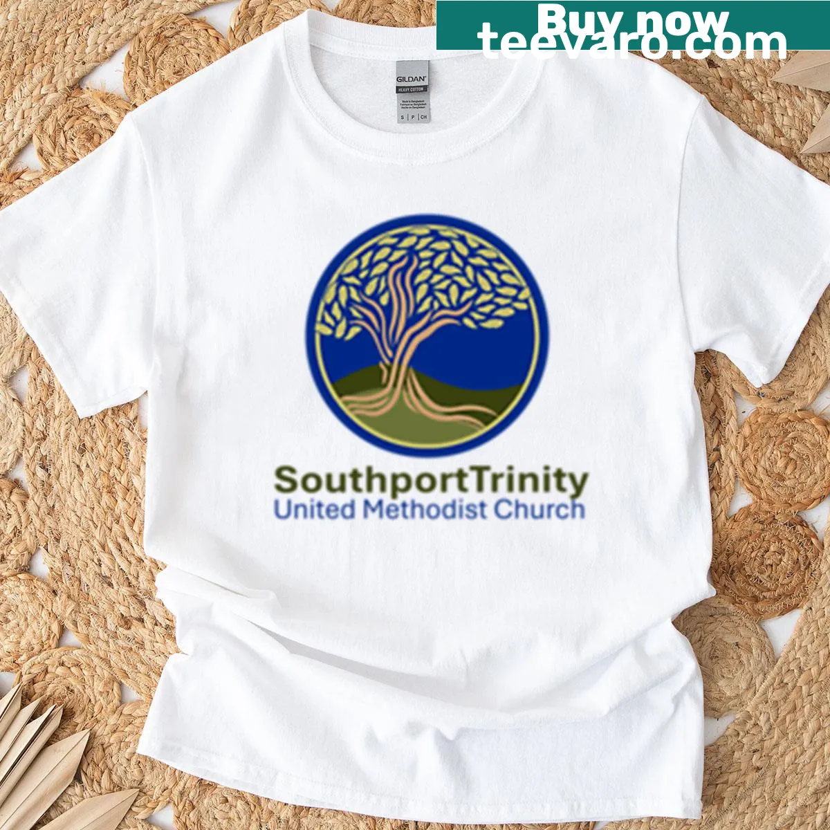 Minimalist T-shirt featuring a tree silhouette and logo design — on a men's t-shirt