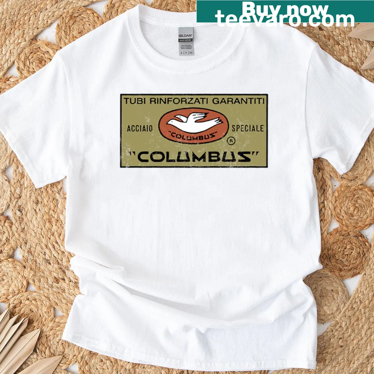 Distressed t-shirt with Columbus Tubi vintage bike frame logo — on a men's t-shirt