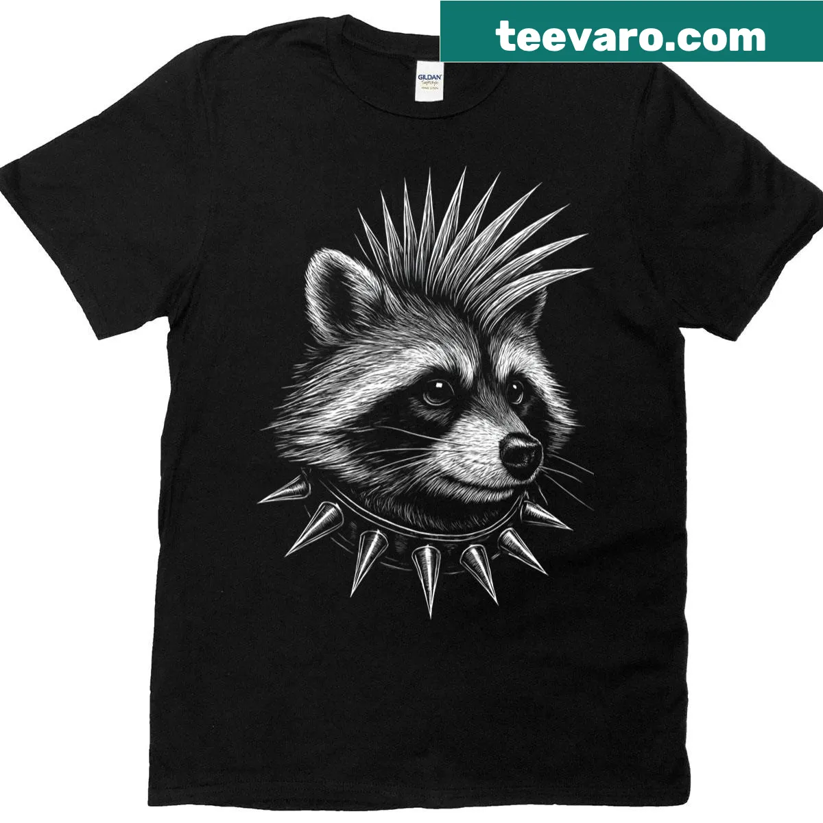 Punk rock raccoon graphic on T-shirt — on a men's t-shirt