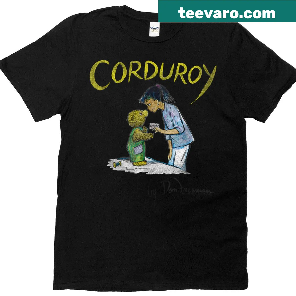 Vintage style T-shirt with a corduroy book cover design for kids — on a men's t-shirt