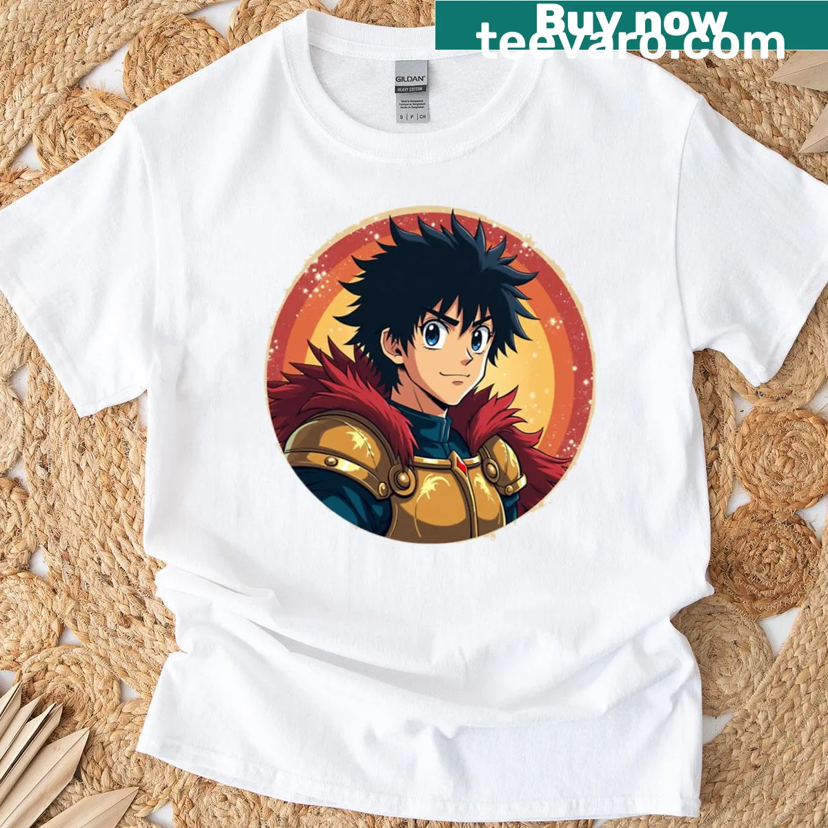 Oversized anime warrior t-shirt with cosmic star illustration — on a men's t-shirt
