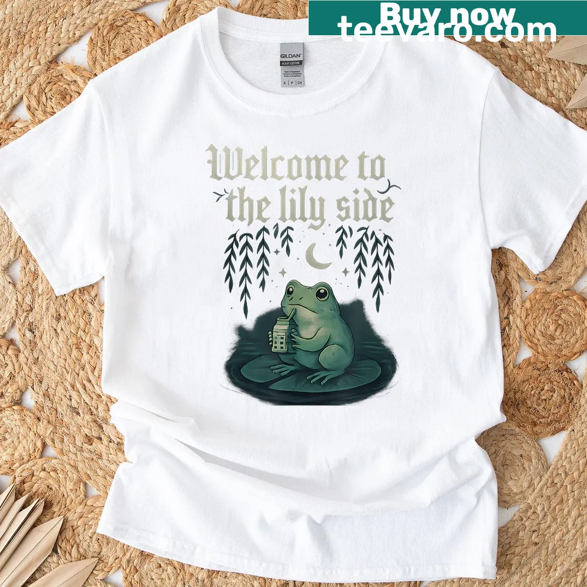 Charming T-shirt with a kawaii frog illustration and 'Welcome To The Lily Side' text — on a men's t-shirt
