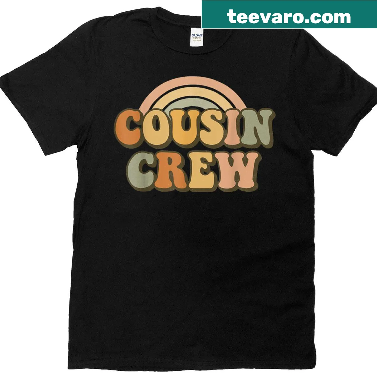 Vintage style 'Cousin Crew' t-shirt with rainbows — on a men's t-shirt